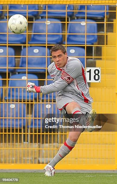 Goalkeeper Julien Latendresse-Levesque of Cottbus kicks the ball during the DFB Juniors Cup half final between TSG 1899 Hoffenheim and FC Energie...