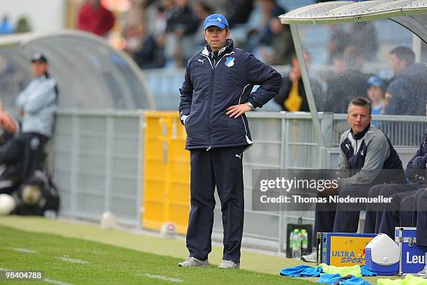 Guido Streichsbier coach of Hoffenheim is seen during the DFB Juniors Cup half final between TSG 1899 Hoffenheim and FC Energie Cottbus at the...