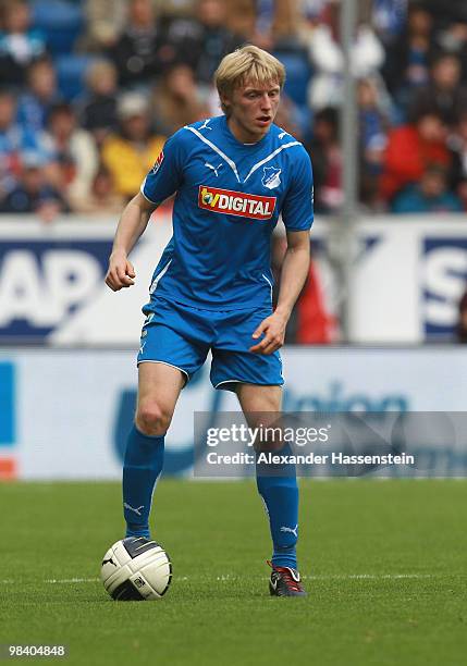 Andreas Beck of Hoffenheim runs with the ball during the Bundesliga match between 1899 Hoffenheim and 1. FC Koeln at Rhein-Neckar Arena on April 10,...