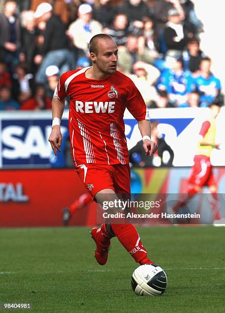 Miso Brecko of Koeln runs with the ball during the Bundesliga match between 1899 Hoffenheim and 1. FC Koeln at Rhein-Neckar Arena on April 10, 2010...