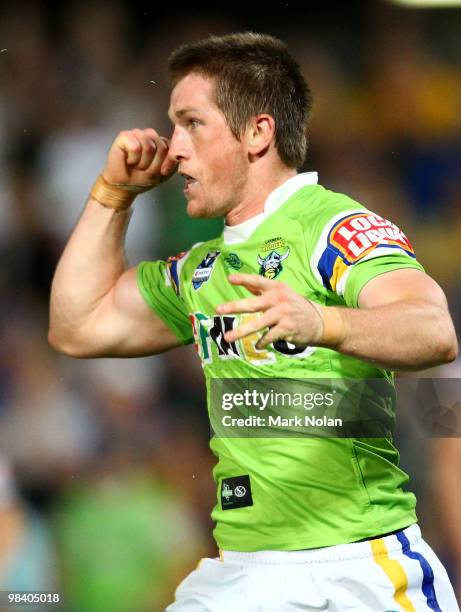 Josh McCrone of the Raiders celebrates scoring a try during the round five NRL match between the Parramatta Eels and the Canberra Raiders at...