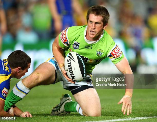 Josh McCrone of the Raiders scores a try during the round five NRL match between the Parramatta Eels and the Canberra Raiders at Parramatta Stadium...