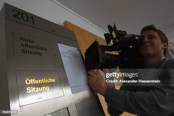 The announcement of the Amerell court hearing is displayed at the county court Augsburg on April 12, 2010 in Augsburg, Germany.