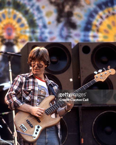 Phil Lesh performing with the Grateful Dead at the Greek Theater in Berkeley on September 12, 1981. He plays a Fender Jazz bass guitar.
