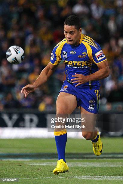 Jarryd Hayne of the Eels kicks the ball down field during the round five NRL match between the Parramatta Eels and the Canberra Raiders at Parramatta...