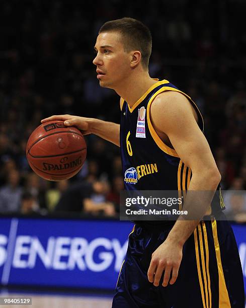 Steffen Hamann of Berlin runs with the ball during the Beko Basketball Bundesliga match between New Yorker Phantoms Braunschweig and Alba Berlin at...