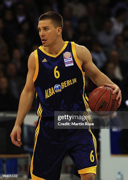 Steffen Hamann of Berlin runs with the ball during the Beko Basketball Bundesliga match between New Yorker Phantoms Braunschweig and Alba Berlin at...