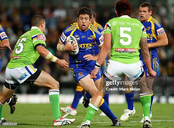 Nathan Cayless of the Eels runs the ball during the round five NRL match between the Parramatta Eels and the Canberra Raiders at Parramatta Stadium...