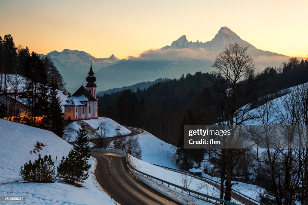 Maria Gern Church in Bavarian Alps with Watzmann in background at sunset - Long exposure in the night (Berchtesgadener Land/ Bavaria/ Germany)