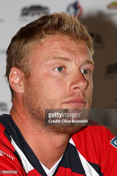 Andrew Flintoff of Lancashire speaks to the media during a press conference after the LCCC annual team photo call at Old Trafford county cricket...