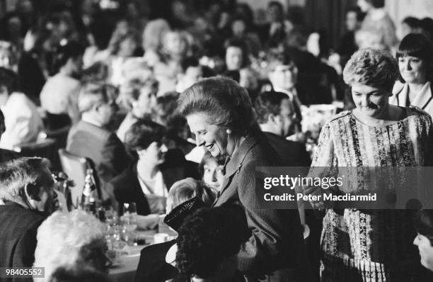 British Prime Minister Margaret Thatcher at the Savoy Hotel in London for a 300 Group lunch, 18th July 1990.