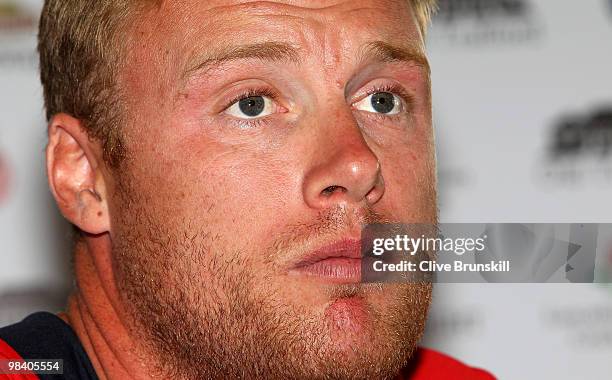 Andrew Flintoff of Lancashire speaks to the media during a press conference after the LCCC annual team photo call at Old Trafford county cricket...