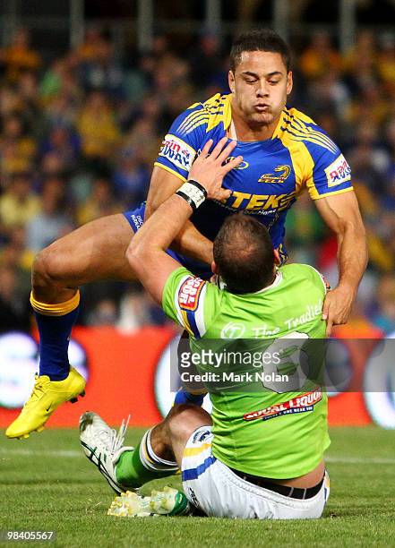 Jarryd Hayne of the Eels tackles Terry Campese of the Raiders during the round five NRL match between the Parramatta Eels and the Canberra Raiders at...