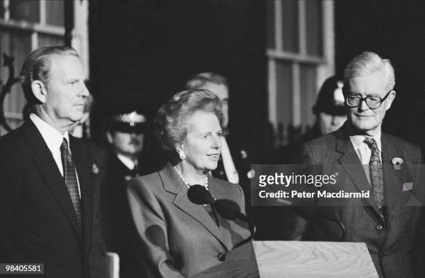 From left to right, US Secretary of State James Baker, British Prime Minister Margaret Thatcher and British Foreign Secretary Douglas Hurd in Downing...