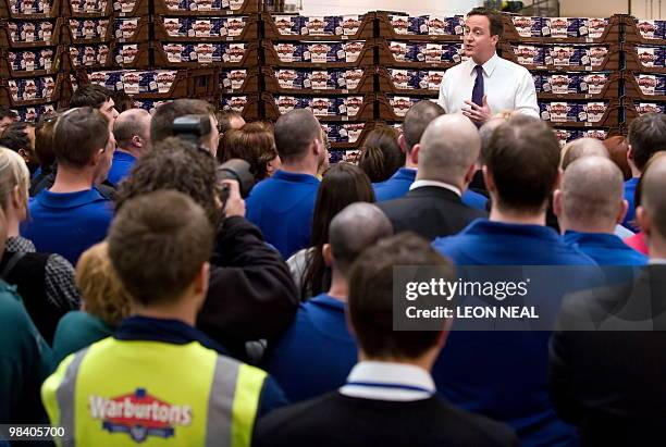 British Opposition Conservative Party leader David Cameron addresses an audience at the Warburtons bread factory in Bolton, north-west England, on...