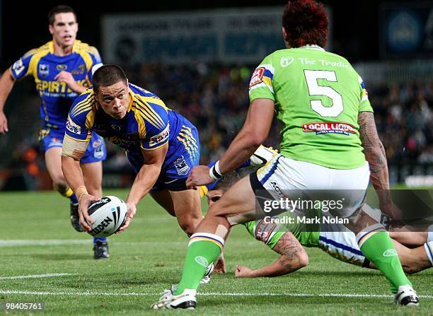 Timana Tahu of the Eels looks to offload during the round five NRL match between the Parramatta Eels and the Canberra Raiders at Parramatta Stadium...