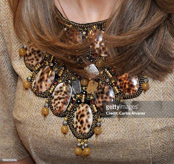 Detail of neckline of dress worn by Princess Letizia of Spain while attending the Salon de Gourmets international fair at IFEMA on April 12, 2010 in...