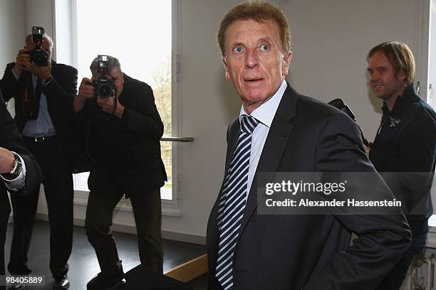 Manfred Amerell arrives for the court hearing at the county court Augsburg on April 12, 2010 in Augsburg, Germany.