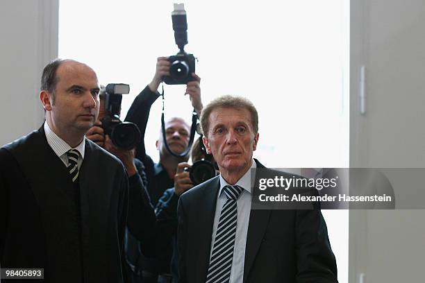 Manfred Amerell and his attorney Juergen Langer look on prior to the court hearing at the county court Augsburg on April 12, 2010 in Augsburg,...