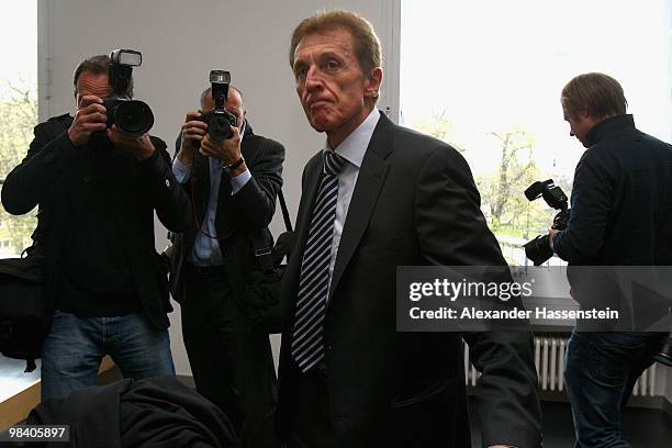 Manfred Amerell arrives for the court hearing at the county court Augsburg on April 12, 2010 in Augsburg, Germany.