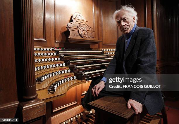 French composer, organist, pianist Jean Guillou poses near the Saint-Eustache church's pipe organ, on March 24, 2010 in Paris. Since 1963 Guillou is...