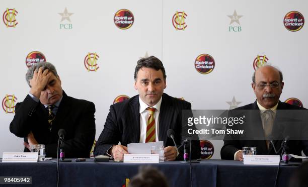 Zakir Khan the PCB Director of Cricket , Keith Bradshaw the MCC Chief Executive and Tariq Hakim the PCB Marketing Director talks to the media during...