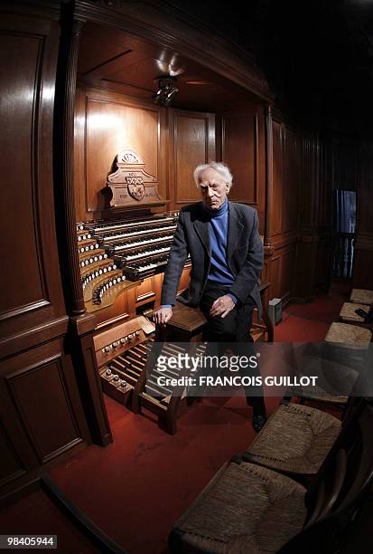 French composer, organist, pianist Jean Guillou poses near the Saint-Eustache church's pipe organ, on March 24, 2010 in Paris. Since 1963 Guillou is...