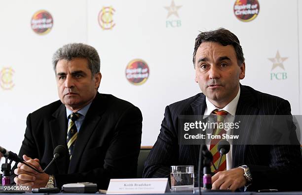 Zakir Khan the PCB Director of Cricket and Keith Bradshaw the MCC Chief Executive talks to the media during a press conference to announce that the...