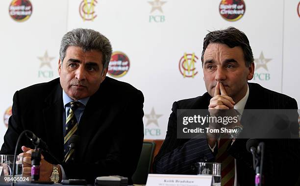 Zakir Khan the PCB Director of Cricket and Keith Bradshaw the MCC Chief Executive talks to the media during a press conference to announce that the...