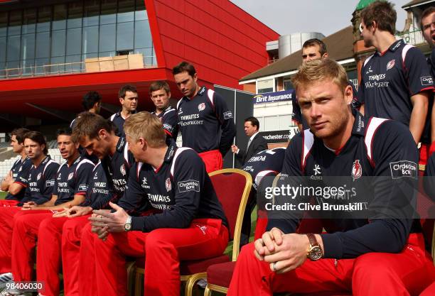 Andrew Flintoff gets ready to pose for a group photograph at the LCCC annual team photo call at Old Trafford county cricket ground on April 12, 2010...