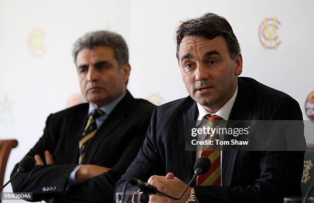 Zakir Khan the PCB Director of Cricket and Keith Bradshaw the MCC Chief Executive talks to the media during a press conference to announce that the...