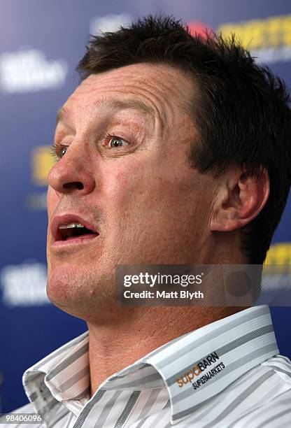 Raiders coach David Furner talks to the media after the round five NRL match between the Parramatta Eels and the Canberra Raiders at Parramatta...