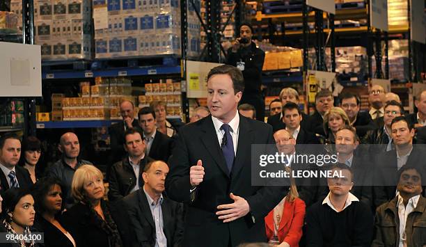 British Conservative Party leader David Cameron speaks to an audience of supporters at a Bestway cash and carry in Cardiff, Wales on April 7, 2010....