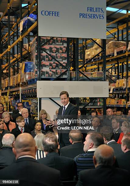 British Conservative Party leader David Cameron speaks to an audience of supporters at a Bestway cash and carry in Cardiff, Wales on April 7, 2010....