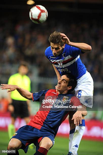 Stefano Lucchini of UC Sampdoria goes up for the ball against Dario Dainelli of Genoa CFC during the Serie A match between UC Sampdoria and Genoa CFC...