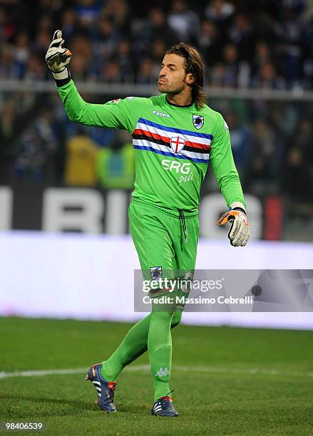 Marco Storari of UC Sampdoria gestures during the Serie A match between UC Sampdoria and Genoa CFC at Stadio Luigi Ferraris on April 11, 2010 in...