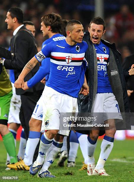 Angelo Palombo and Stefano Guberti of UC Sampdoria celebrate the victory the Serie A match between UC Sampdoria and Genoa CFC at Stadio Luigi...