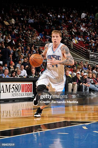 Jason Williams of the Orlando Magic moves the ball against the Golden State Warriors during the game on March 3, 2010 at Amway Arena in Orlando,...
