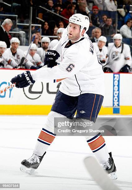 Ryan Whitney of the Edmonton Oilers skates during their NHL game against the Columbus Blue Jackets on March 15, 2010 at Nationwide Arena in Columbus,...