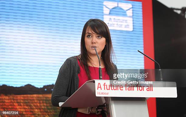 Labour Party supporter Ellie Gellard introduces Prime Minister Gordon Brown as he launches his election manifesto at The Queen Elizabeth Hospital on...