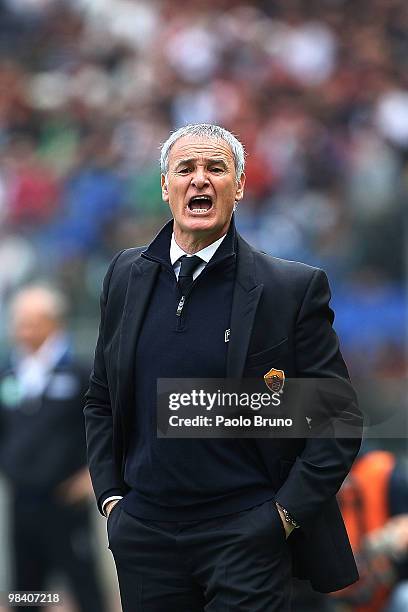 Claudio Ranieri the coach of AS Roma shouts during the Serie A match between AS Roma and Atalanta BC at Stadio Olimpico on April 11, 2010 in Rome,...