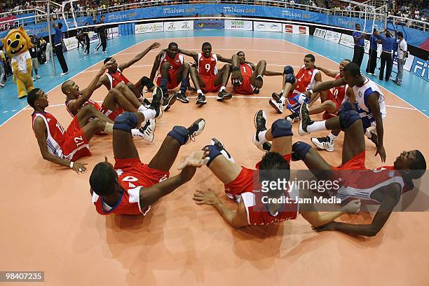Cuba team players celebrate the first place against US during at Boys' Youth Continental Championsh at the Sports Avila Camacho on April 11, 2010 in...