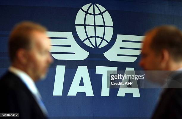 The logo for the International Air Transport Association is seen at their 65th annual general meeting on June 8, 2009 in Kuala Lumpur. The global...