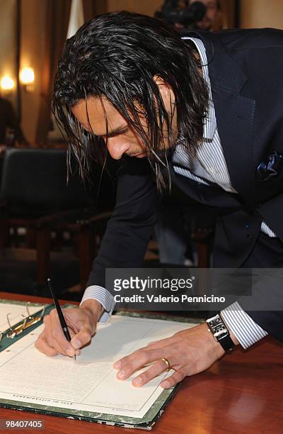 Carvalho De Oliveira Amauri, the football player for Juventus attends a ceremony where he receives Italian citizenship at Palace Juvarra on April 12,...