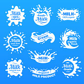 Cow milk splashes with letters. Isolated milks splash for health food store, dairy symbol vector label