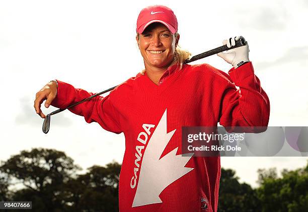 Suzann Pettersen of Norway poses with a Canadian hockey jersey as she prepares to defend her title at the CN Canadian Women's Open April 11, 2010 in...