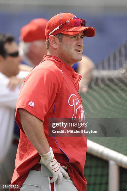 Brian Schneider of the Philadelphia Phillies looks on during batting practice of a baseball game against the Philadelphia Phillies on April 8, 2010...