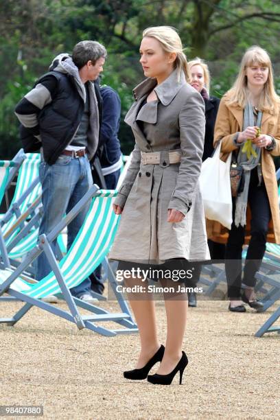 Actress Sophia Myles is seen filming for the BBC series Spooks on April 12, 2010 in London, England.