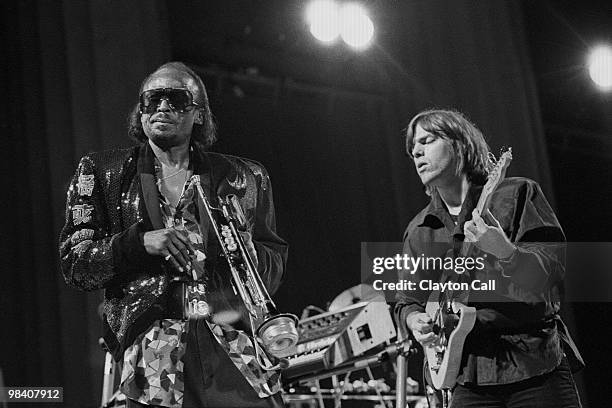 Miles Davis, performing with guitarist Mike Stern, at the Greek Theater in Berkeley, California on September 1, 1985.