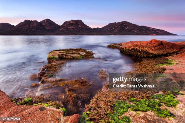 freycinet coles bay sunrise - freycinet stockfoto's en -beelden